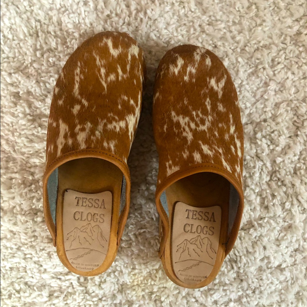 Tessa Clog Cowhide Cow Print Wooden Clogs size 6